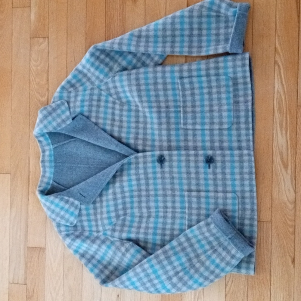 Talbots Double Faced Wool Jacket Gray and Teal Plaid